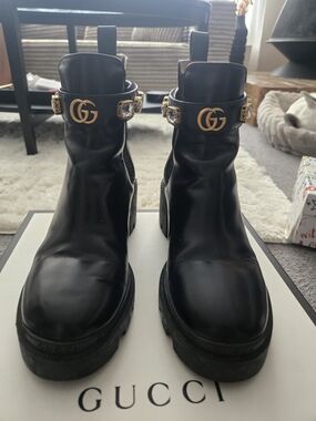 Gucci Black Leather Ankle Boots with Gold GG Buckle